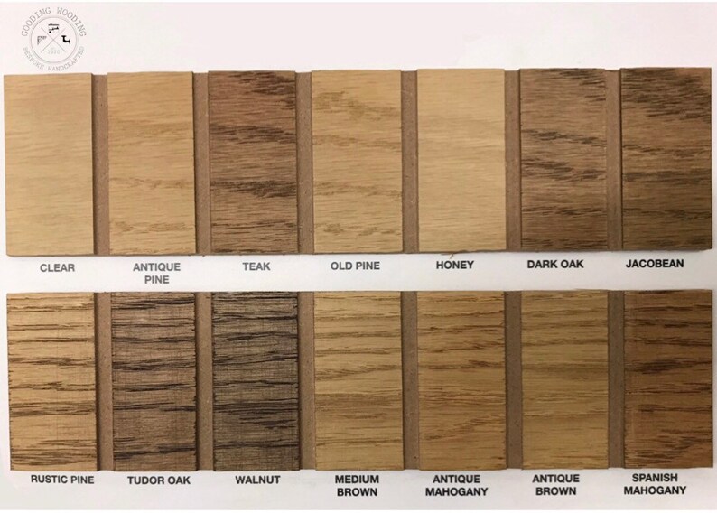 May include: Wood stain color chart with 14 different wood stain colors. The colors are labeled with names like "Clear", "Antique Pine", "Teak", "Old Pine", "Honey", "Dark Oak", "Jacobean", "Rustic Pine", "Tudor Oak", "Walnut", "Medium Brown", "Antique Mahogany", "Antique Brown", and "Spanish Mahogany".