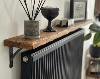 Distressed Farmhouse Wall Shelf with Metal Brackets | Handmade Solid Wood Radiator Shelf for Kitchen & Hallway | Custom Sizes, UK Crafted