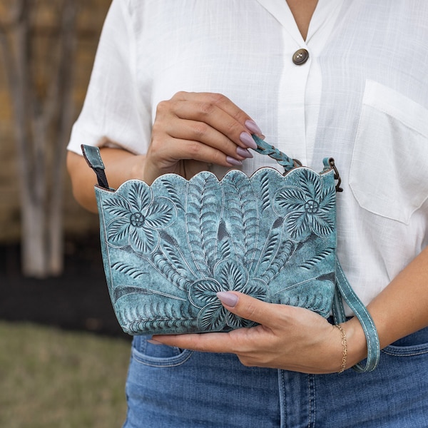 Handmade Leather Clutch for women, hand-tooled, makeup case, soft leather, Wristlet, zipper, lined, bridesmaid gift
