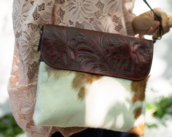 Tooled Leather Cowhide Crossbody Bag: Handmade Fold Over Clutch