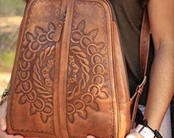 Hand-Tooled Leather Backpack Purse: Floral Mandala Design, Conceal & Carry