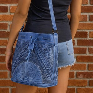 Hand Tooled Leather Bucket Bag, Western Boho Drawstring Crossbody Purse Handmade image 8