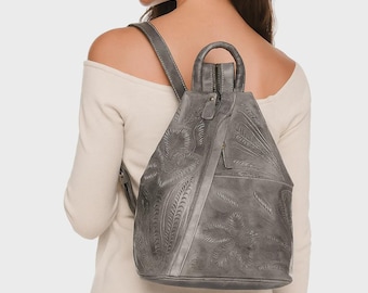 Hand Tooled Leather Convertible Backpack Purse: Western Floral Design