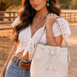 Hand Tooled Leather Bucket Bag, Western Boho Drawstring Crossbody Purse Handmade image 16