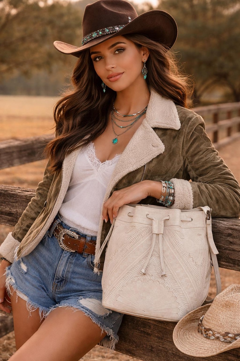 Hand Tooled Leather Bucket Bag, Western Boho Drawstring Crossbody Purse Handmade image 17