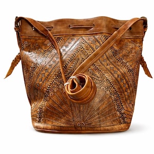 Hand Tooled Leather Bucket Bag, Western Boho Drawstring Crossbody Purse Handmade