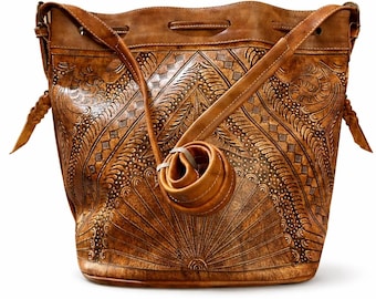 Hand Tooled Leather Bucket Bag, Western Boho Drawstring Crossbody Purse Handmade