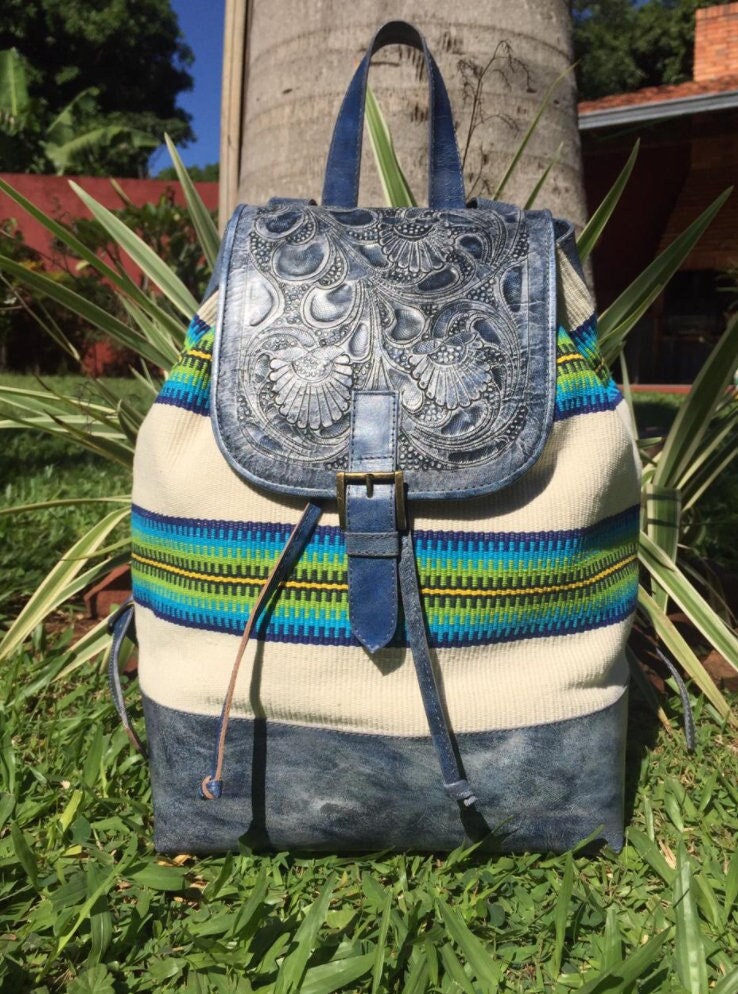 Handcrafted Multicolor Woven Boho Backpack with Tan Leather Trim Tribal Woven Backpack Boho Aztec Hippie Southwestern Baja  main image 4