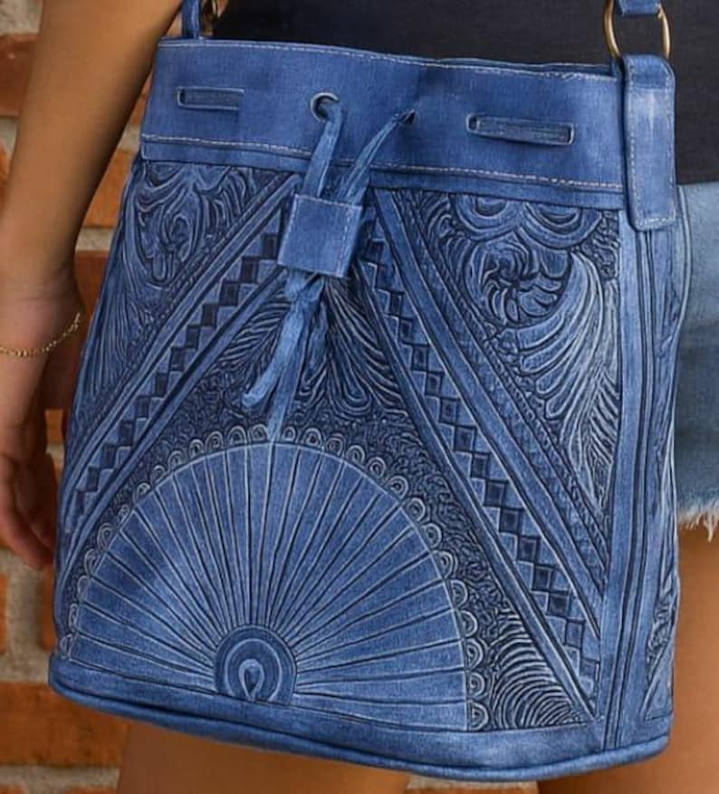 Hand Tooled Leather Bucket Bag, Western Boho Drawstring Crossbody Purse Handmade image 7