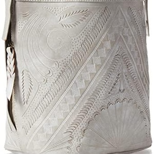 Hand Tooled Leather Bucket Bag, Western Boho Drawstring Crossbody Purse Handmade White