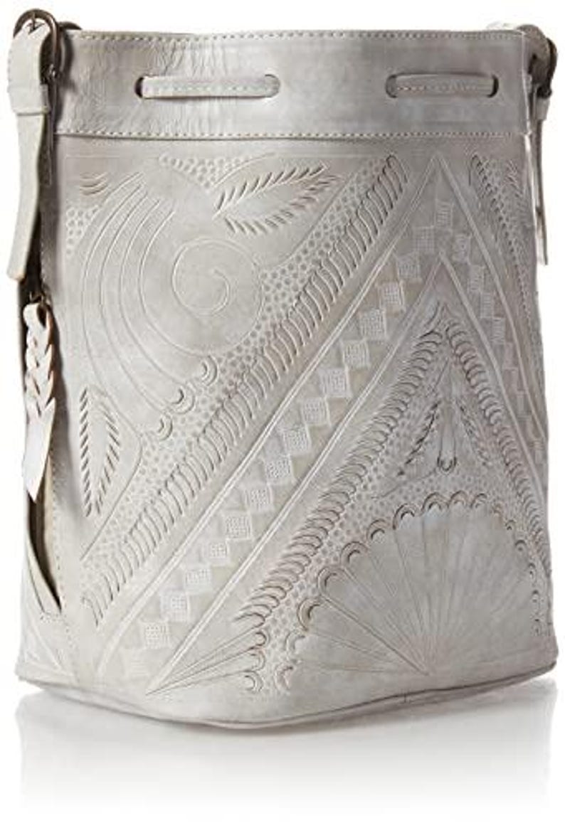 Hand Tooled Leather Bucket Bag, Western Boho Drawstring Crossbody Purse Handmade White