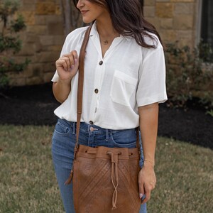 Hand Tooled Leather Bucket Bag, Western Boho Drawstring Crossbody Purse Handmade image 16