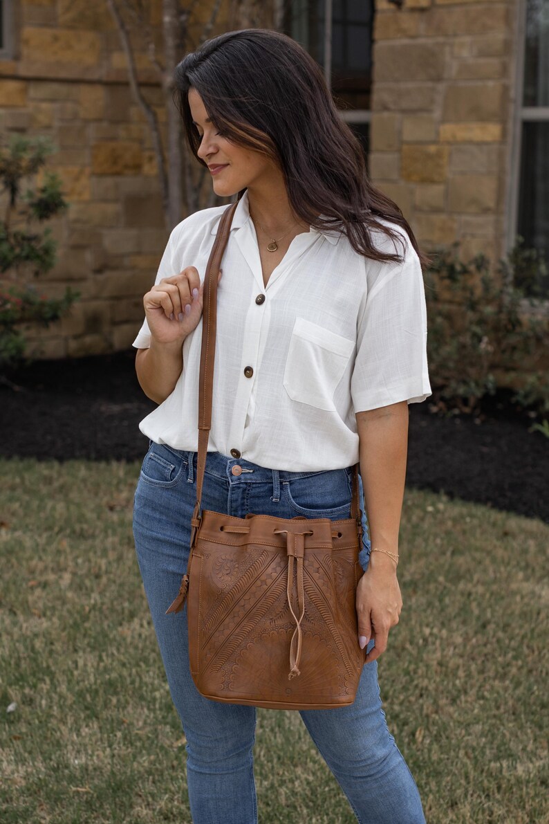 Hand Tooled Leather Bucket Bag, Western Boho Drawstring Crossbody Purse Handmade image 16