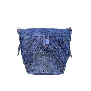 Hand Tooled Leather Bucket Bag, Western Boho Drawstring Crossbody Purse Handmade image 6