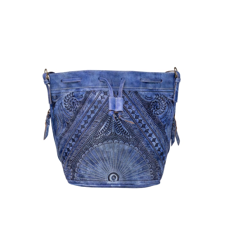 Hand Tooled Leather Bucket Bag, Western Boho Drawstring Crossbody Purse Handmade image 6