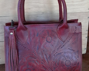 Handmade Tooled Leather handbag purse: Floral Crossbody Handbag
