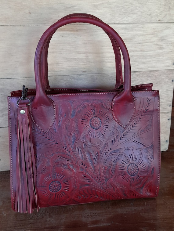 Handmade Tooled Leather Satchel: Floral Crossbody Handbag