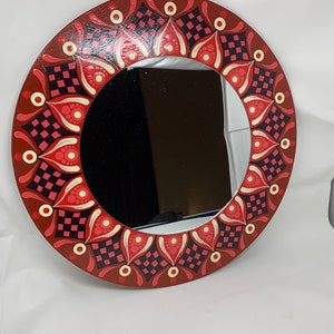 Mandala Mirror, Mandala Dot Painting, Colorful, Vibrant Mirror-Red, White, Black Checkerboard pattern, 21" Diameter, 12.75" Mirror, .25" W