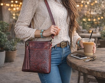 Handtooled Leather Crossbody Bag: Floral Carved Shoulder Purse with Tassel
