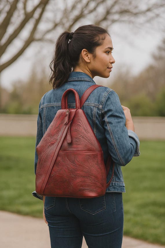Western Floral Tooled Leather Backpack Purse with Laptop Compartment American Darling Western Leather Backpack – Genuine  main image 2