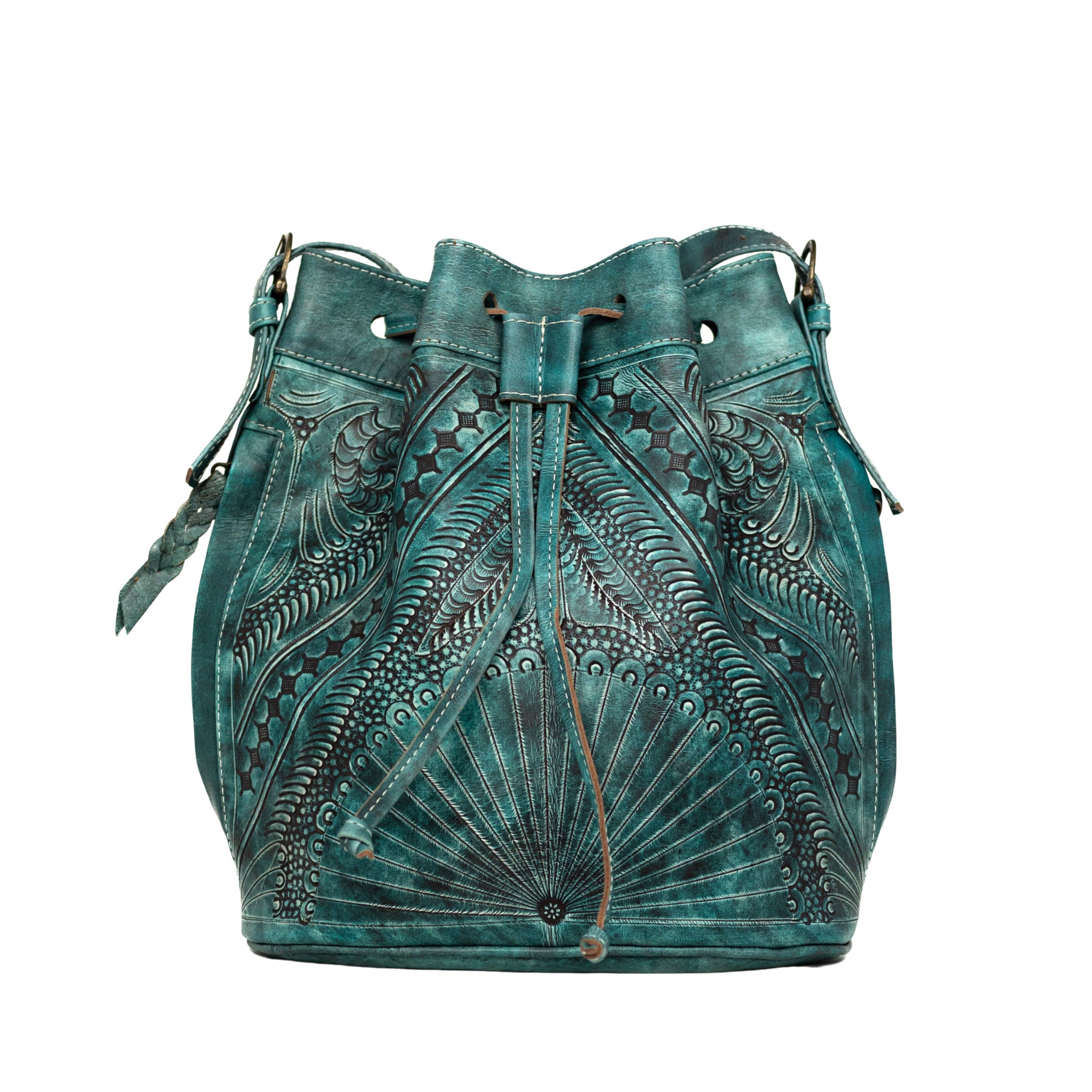 Leather Drawstring Purse With Zipper Compartment Leather Etsy