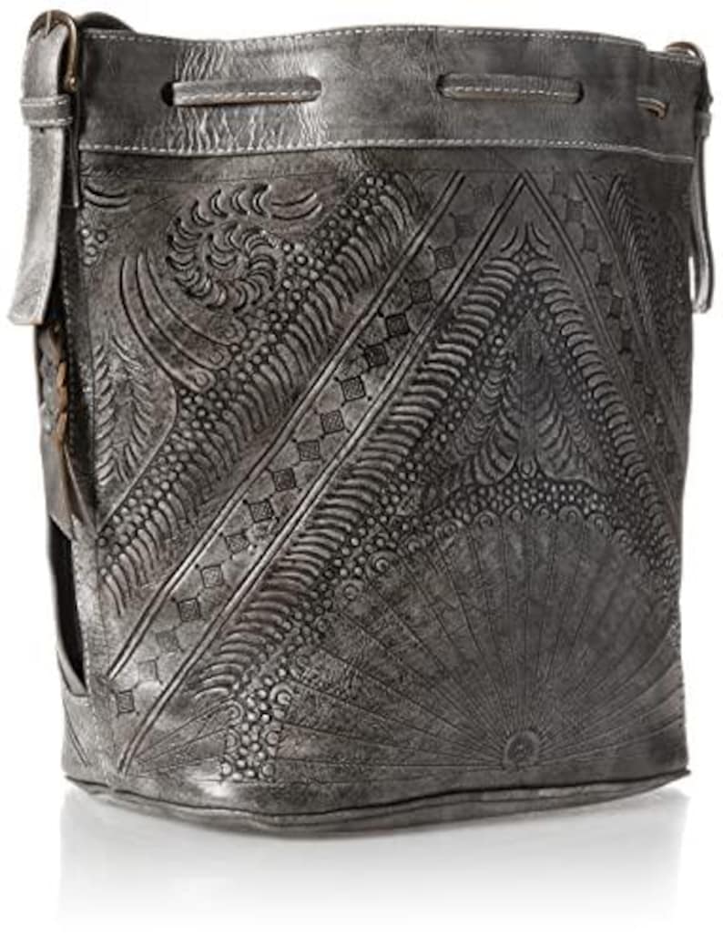 Hand Tooled Leather Bucket Bag, Western Boho Drawstring Crossbody Purse Handmade image 2
