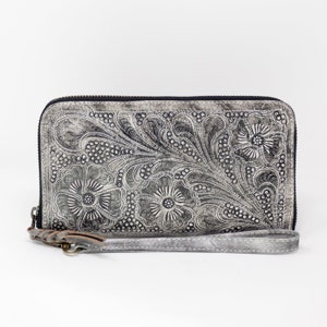 Cartera de mujer, billetera con cremallera, hecha a mano, cuero genuino, bolso de mano, billetera, estampado floral, billetera Slim Line, cuero gris.