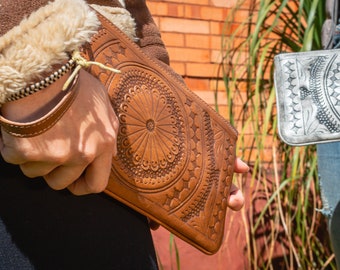 Hand-Tooled Leather Clutch Purse: Bohemian Floral Wristlet