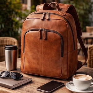 Full Grain Leather Laptop Backpack, Handmade Work Travel Rucksack, Bourbon Brown