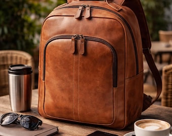 Full Grain Leather Laptop Backpack, Handmade Work Travel Rucksack, Bourbon Brown