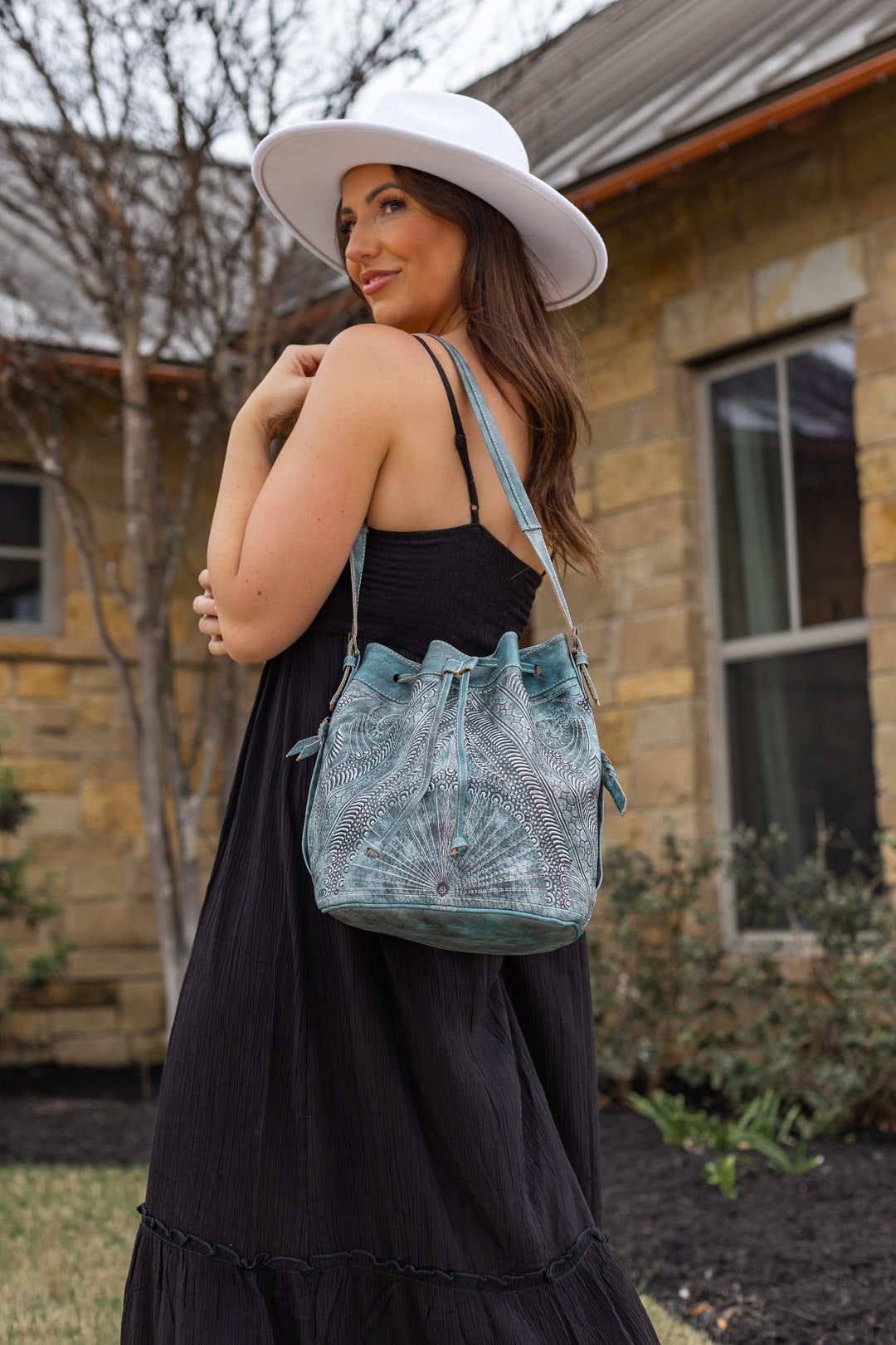 Leather Drawstring Purse With Zipper Compartment. Full Grain Leather