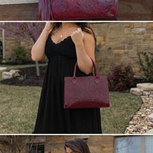 May include: Burgundy leather tote bag with a floral embossed design. The bag features a top handle, a detachable tassel, and a rectangular shape. The bag is shown in multiple images, showcasing its design and style.