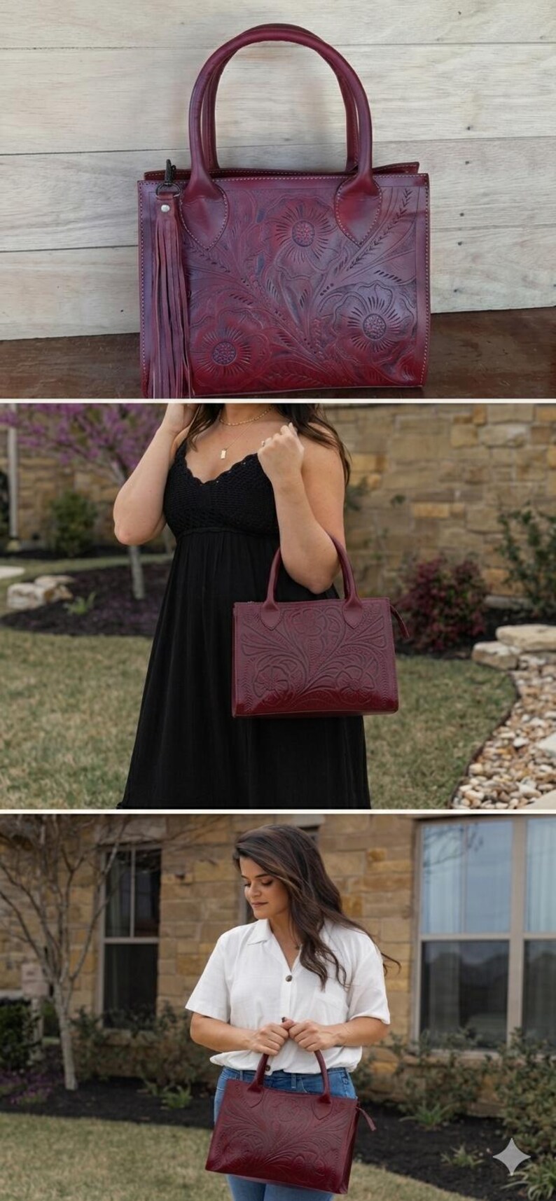 May include: Burgundy leather tote bag with a floral embossed design. The bag features a top handle, a detachable tassel, and a rectangular shape. The bag is shown in multiple images, showcasing its design and style.