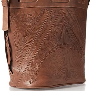 Hand Tooled Leather Bucket Bag, Western Boho Drawstring Crossbody Purse Handmade image 14