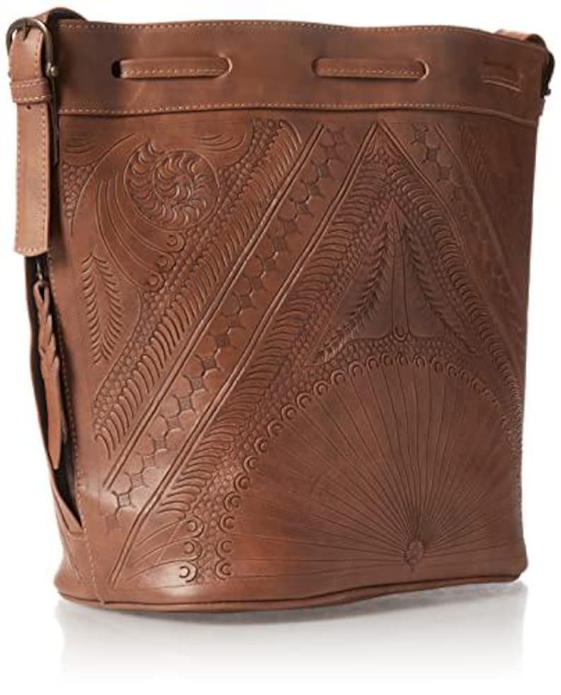 Hand Tooled Leather Bucket Bag, Western Boho Drawstring Crossbody Purse Handmade image 14