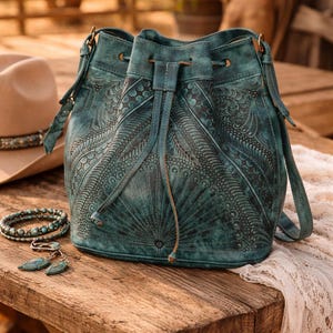 Hand Tooled Leather Bucket Bag, Western Boho Drawstring Crossbody Purse Handmade image 5