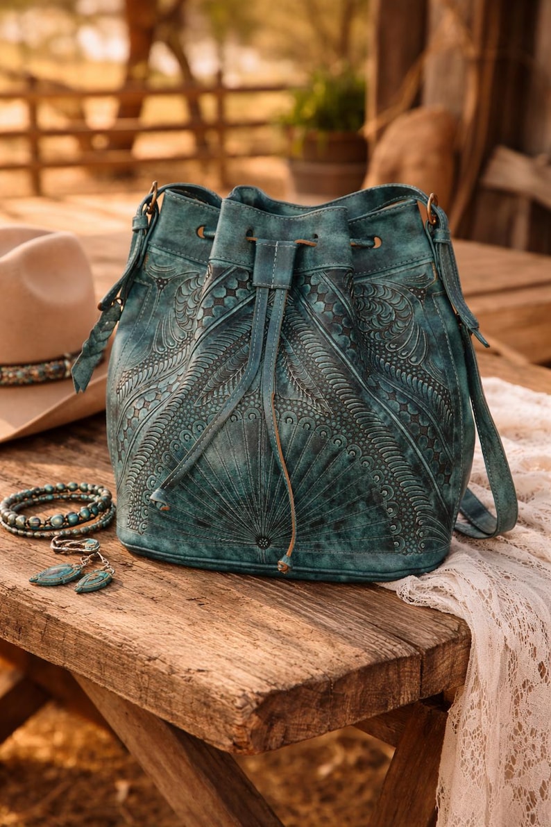 Hand Tooled Leather Bucket Bag, Western Boho Drawstring Crossbody Purse Handmade image 5