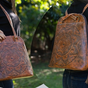 Mochila de cuero de plena flor, mochila convertible para portátil, mochila de viaje hecha a mano, regalos para mujeres, bolso de cuero ligero