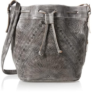 Hand Tooled Leather Bucket Bag, Western Boho Drawstring Crossbody Purse Handmade image 1