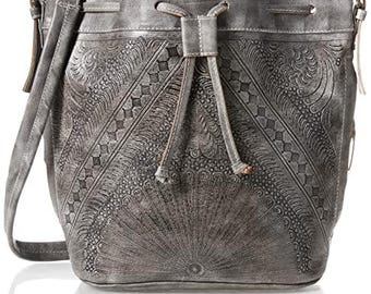 Hand Tooled Leather Bucket Bag, Western Boho Drawstring Crossbody Purse Handmade