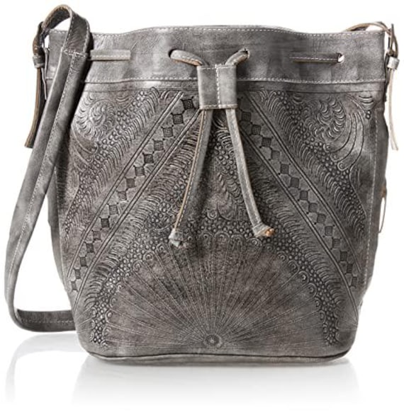 Hand Tooled Leather Bucket Bag, Western Boho Drawstring Crossbody Purse Handmade