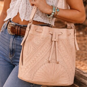 Hand Tooled Leather Bucket Bag, Western Boho Drawstring Crossbody Purse Handmade image 10
