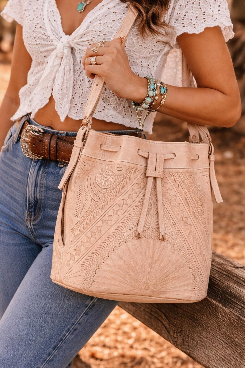 Hand Tooled Leather Bucket Bag, Western Boho Drawstring Crossbody Purse Handmade image 10