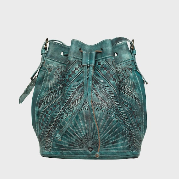 Hand Tooled Leather Bucket Bag, Western Boho Drawstring Crossbody Purse Handmade