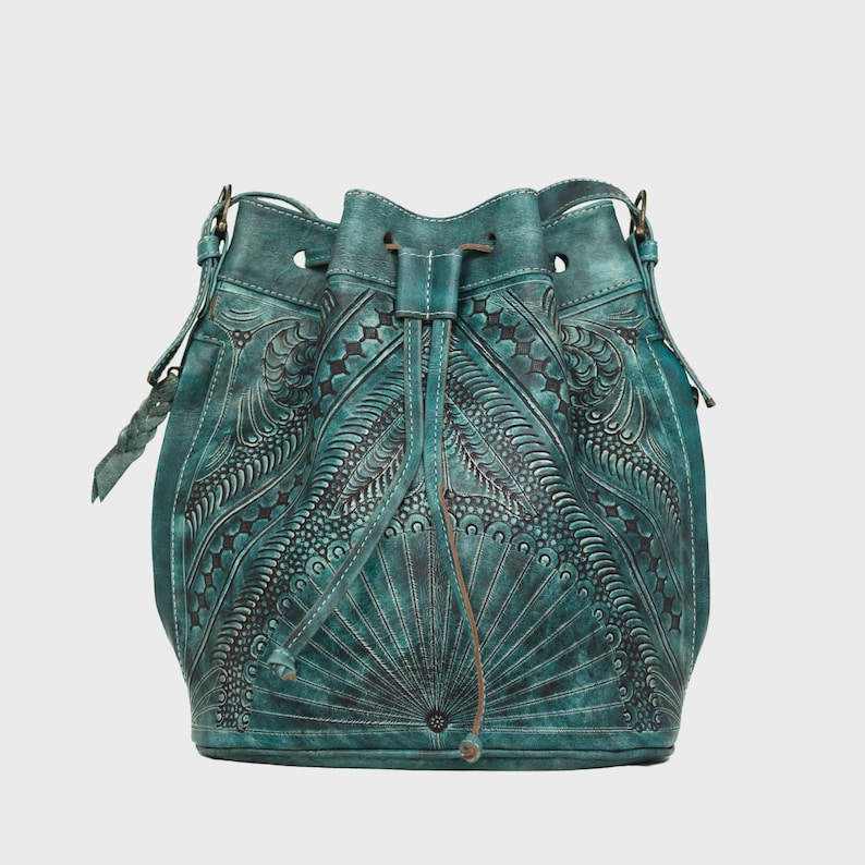 Hand Tooled Leather Bucket Bag, Western Boho Drawstring Crossbody Purse Handmade Turquoise