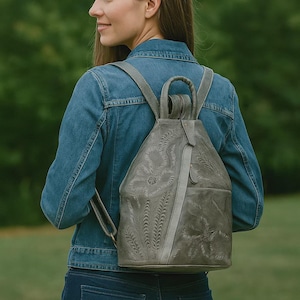 Hand Tooled Leather Convertible Backpack Purse: Western Floral Design