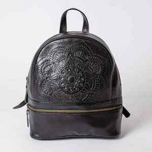 Hand Tooled Mandala Leather Backpack: Artisan floral tooling, medium