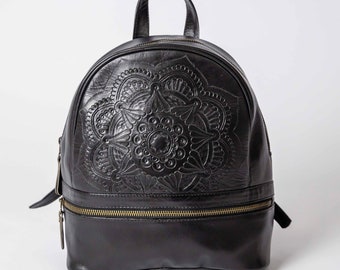 Hand Tooled Mandala Leather Backpack: Artisan floral tooling, medium