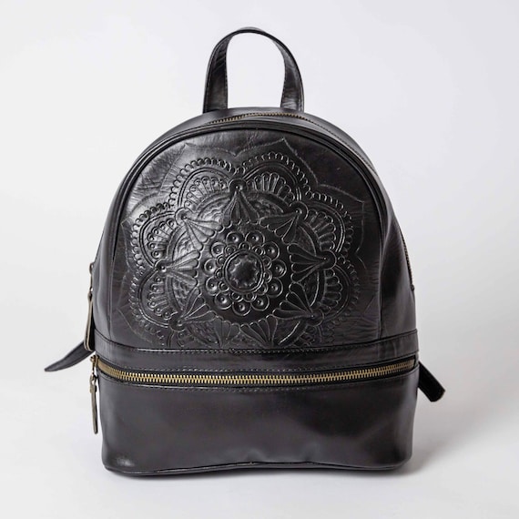 black tooled leather backpack Hand Tooled Mandala Leather Backpack: Artisan Floral Tooling, Medium