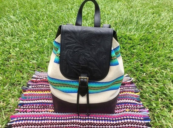 Handwoven Textile & Leather Backpack | Artisan Boho Drawstring Bag This new leather backpack is a great carry-all style bag for  main image 3